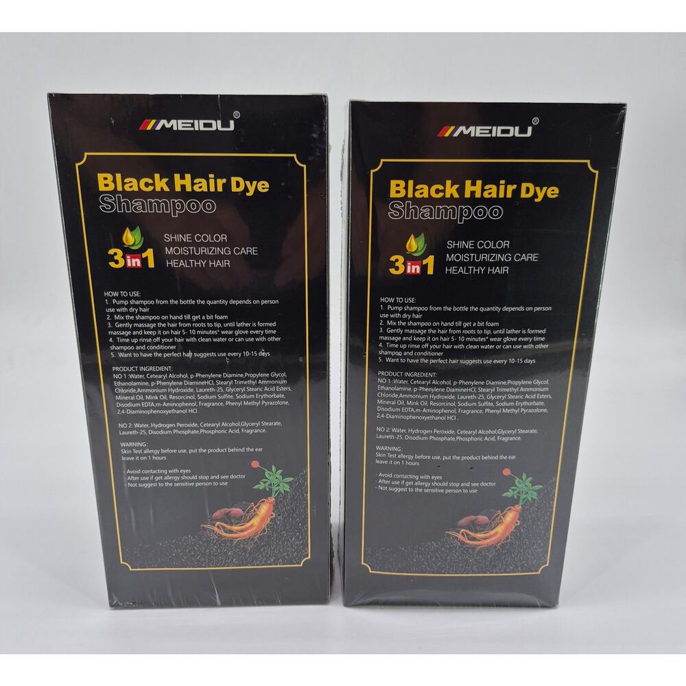 Meidu Black Hair Dye Shampoo 3 in 1 Natural Black‎ Ginseng 500ml Lot of 2 New - Picture 2 of 4